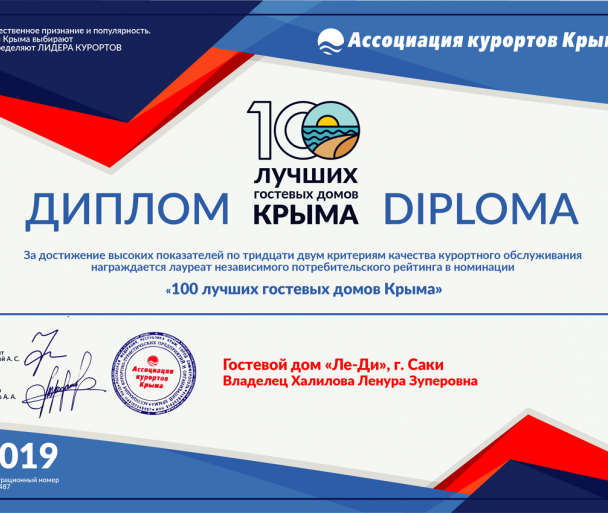Диплом за достижение высоких показателей по 32 критериям качества курортного обслуживания в номинации «100 лучших гостевых домов Крыма» по итогам независимого потребительского рейтинга, проводимого Ассоциацией курортов Крыма в 2019 г. Диплом за достижение высоких показателей по 32 критериям качества курортного обслуживания в номинации «100 лучших гостевых домов Крыма» по итогам независимого потребительского рейтинга, проводимого Ассоциацией курортов Крыма в 2019 г.